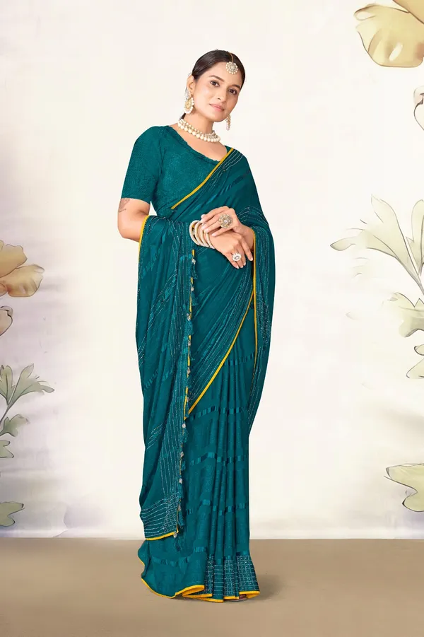 Elegant_Teal_Chiffon_Saree_With_Yellow_Border_And_Embellished_Detailing