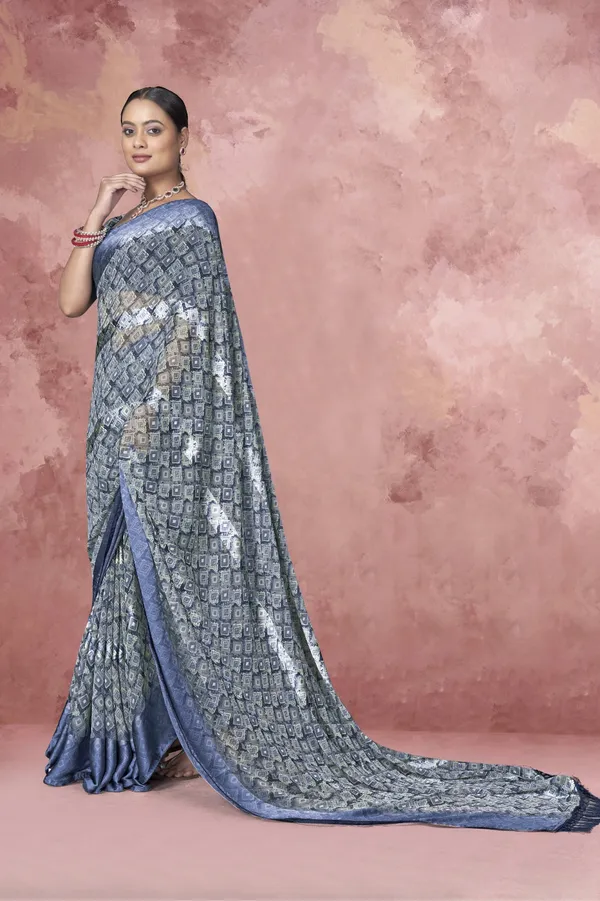 Blue_And_Silver_Printed_Silk_Saree_With_Blouse