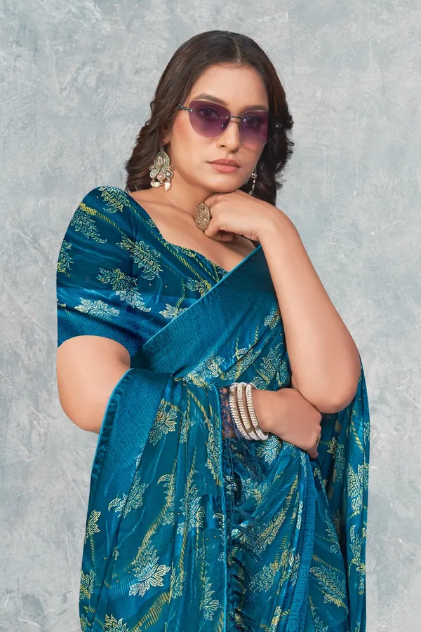 Teal_Blue_Jacquard_Saree_With_Golden_Floral_Weave_And_Tassel_Border