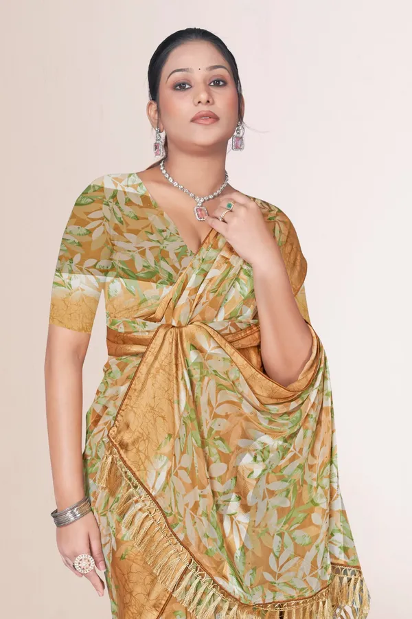 Mustard_Yellow_Floral_Print_Banarasi_Silk_Saree_With_Golden_Border