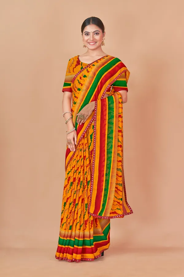 Yellow_Bandhani_Print_Saree_With_Green_And_Red_Border