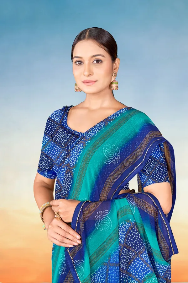 Blue_And_Turquoise_Bandhani_Print_Georgette_Saree_With_Border
