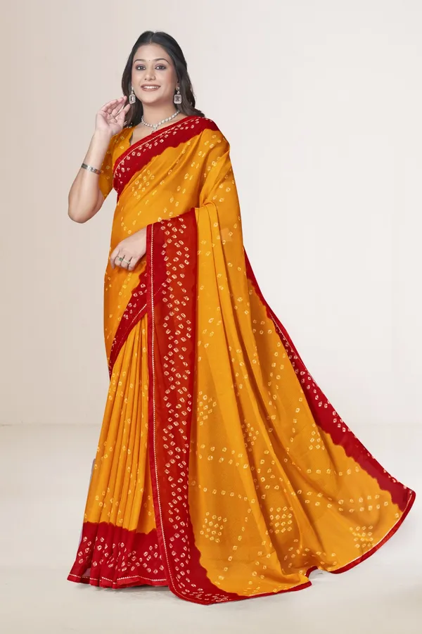 Traditional_Bandhani_Saree_In_Yellow_And_Red_With_Golden_Border