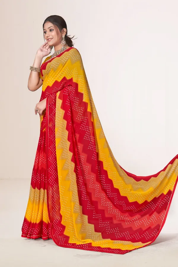 Traditional_Bandhani_Saree_In_Red_And_Yellow_With_Zigzag_Pattern