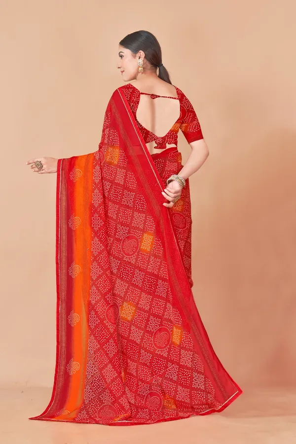 Red_And_Orange_Bandhani_Saree_With_Blouse
