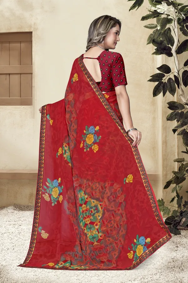 Red_Floral_Printed_Georgette_Saree_With_Embellished_Border
