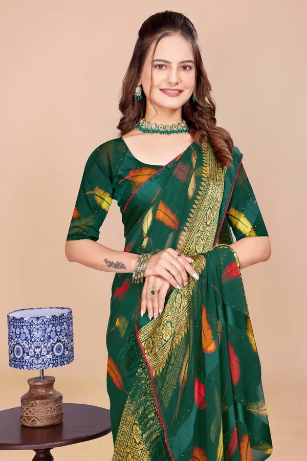 Green_Silk_Saree_With_Golden_Zari_Border_And_Colorful_Ikat_Motifs