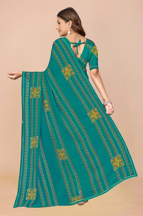 Teal_Green_Bandhani_Print_Saree_With_Floral_Embroidered_Patches