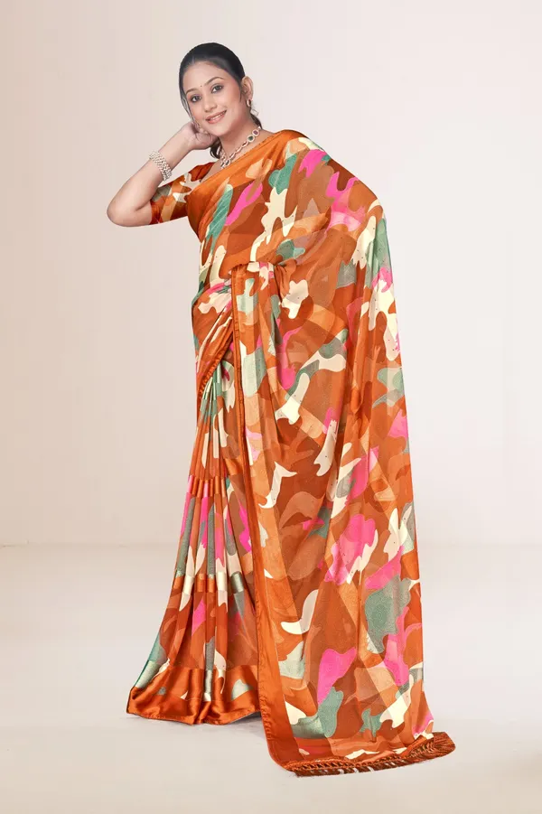 Orange_Camouflage_Print_Silk_Saree_With_Matching_Blouse