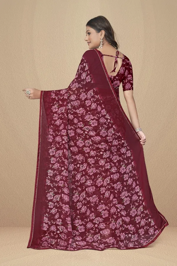 Maroon_Floral_Print_Georgette_Saree_With_Blouse