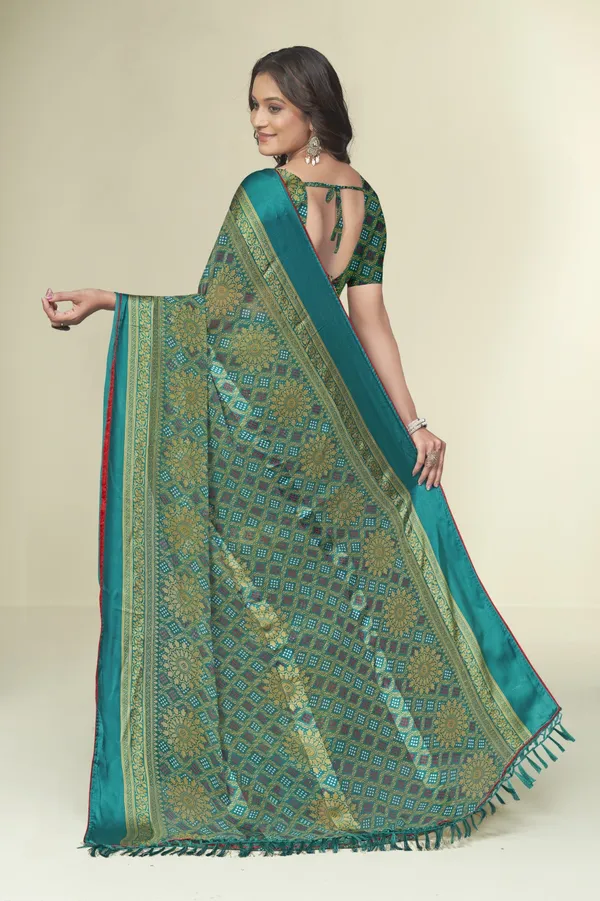 Teal_Green_Printed_Saree_With_Matching_Blouse