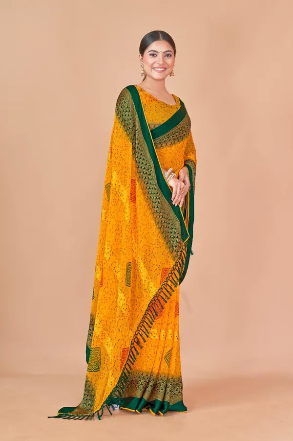 Yellow_And_Green_Bandhani_Print_Saree_With_Embellished_Border