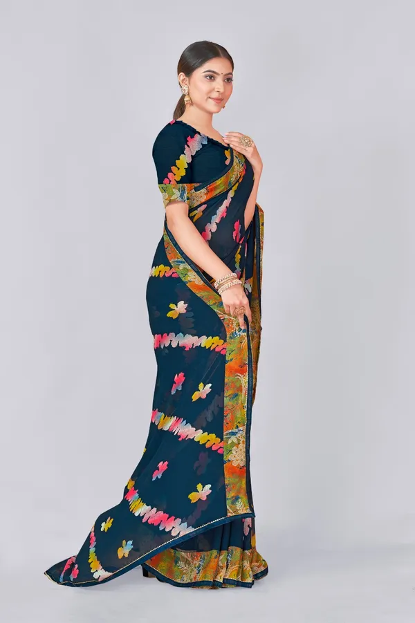 Dark_Teal_Floral_Printed_Georgette_Saree_With_Contrast_Border