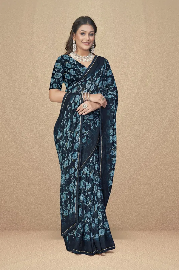 Navy_Blue_Floral_Print_Georgette_Saree_With_Matching_Blouse