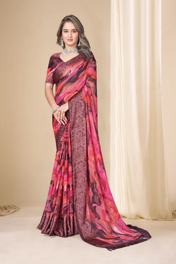 Printed_Georgette_Saree_With_Decorative_Tassels_-_Pink_&_Brown_Floral_Design