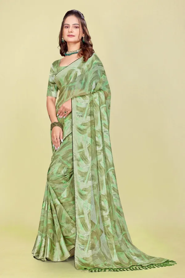 Elegant_Green_Printed_Chiffon_Saree_With_Matching_Blouse