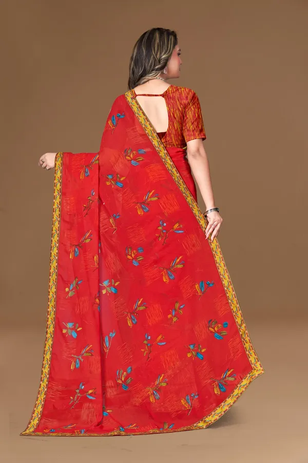 Red_Embroidered_Saree_With_Golden_Border_And_Floral_Motifs