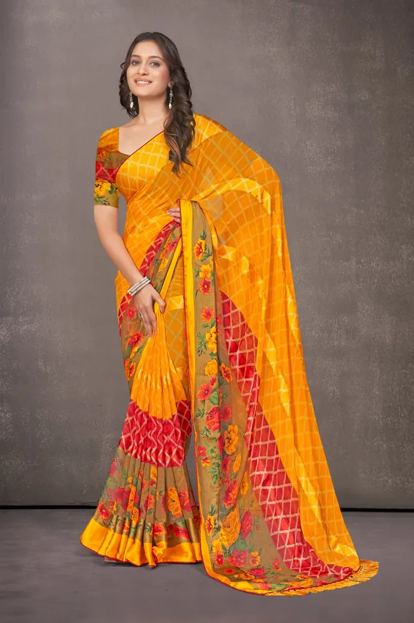 Yellow_Printed_Saree_With_Floral_Embroidered_Dupatta_And_Orange_Blouse