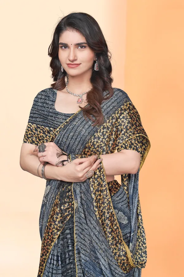 Grey_Designer_Saree_With_Golden_Border_And_Sequined_Blouse