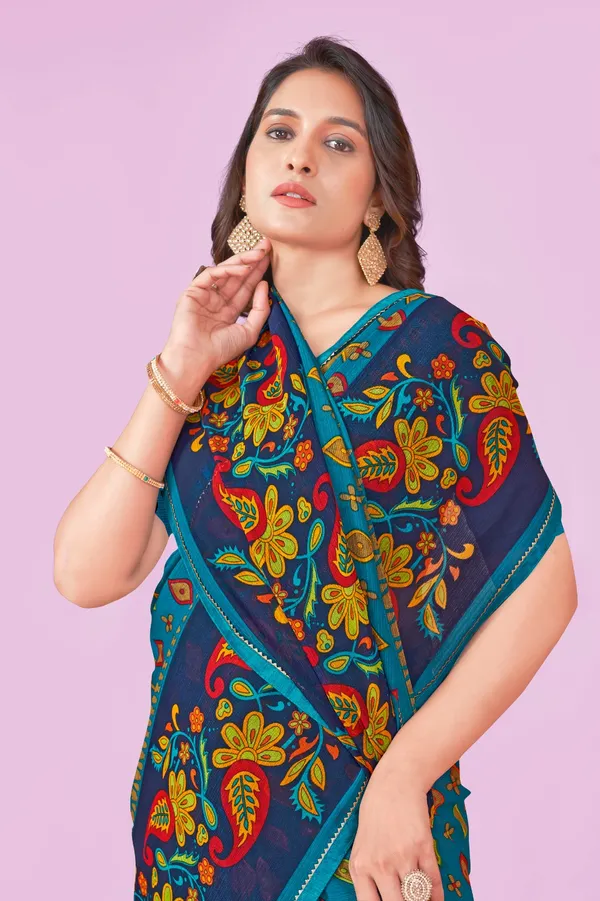 Teal_Blue_Embroidered_Kantha_Work_Saree_With_Floral_Motifs