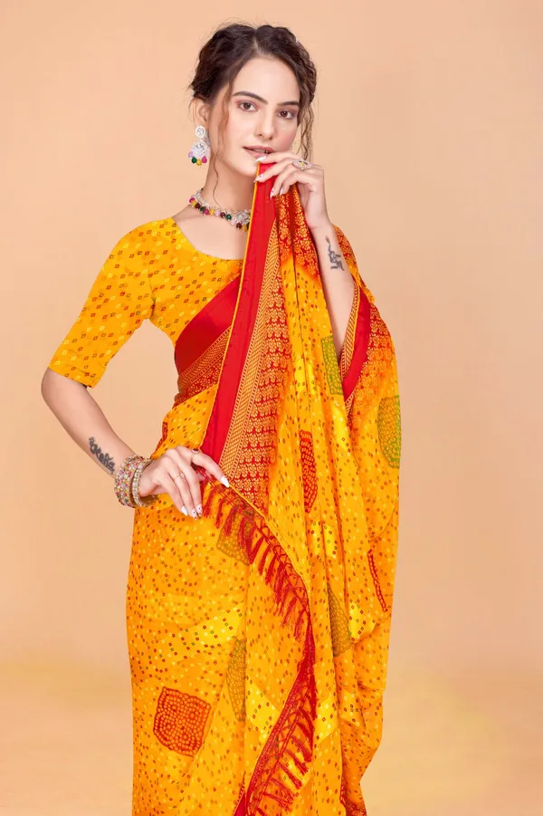 Yellow_Bandhani_Print_Saree_With_Red_Border