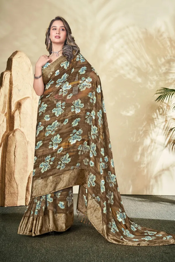 Elegant_Brown_Floral_Embroidered_Organza_Saree_With_Golden_Border