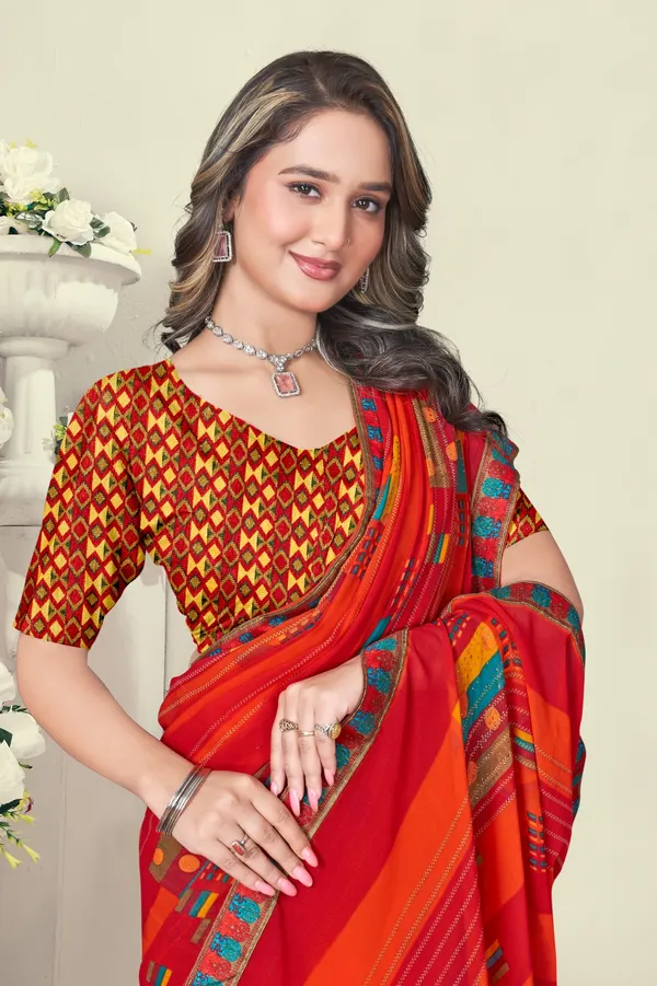 Vibrant_Red_And_Orange_Printed_Georgette_Saree_With_Blouse