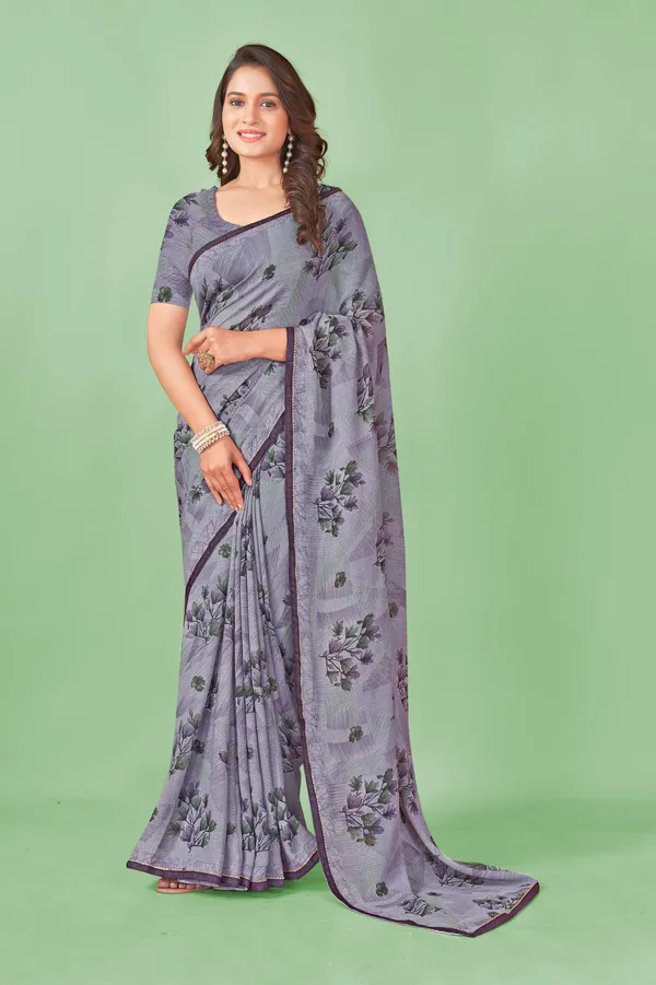 Grey_Floral_Print_Saree_With_Purple_Border