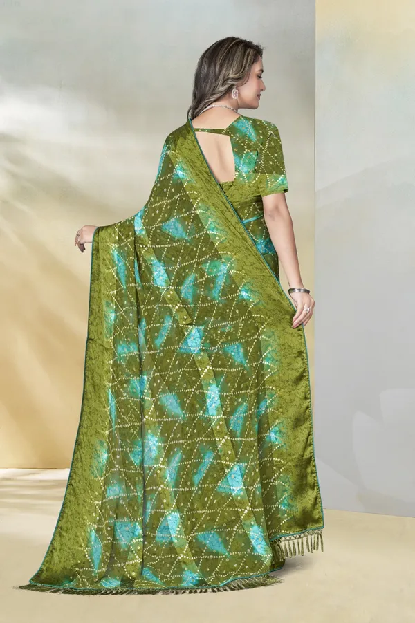 Olive_Green_And_Turquoise_Bandhani_Print_Saree_With_Sequin_Work
