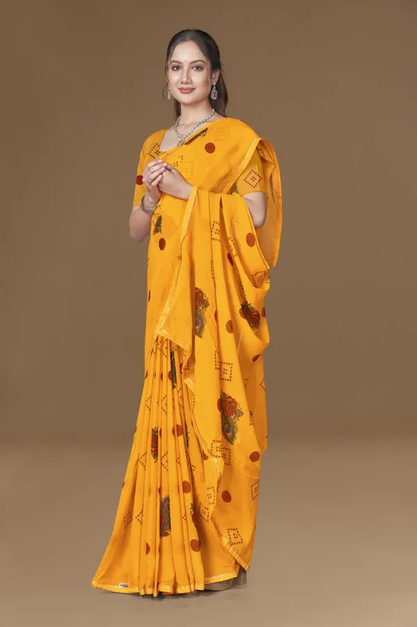 Yellow_Bandhani_Saree_With_Floral_Embroidery_And_Maroon_Polka_Dots