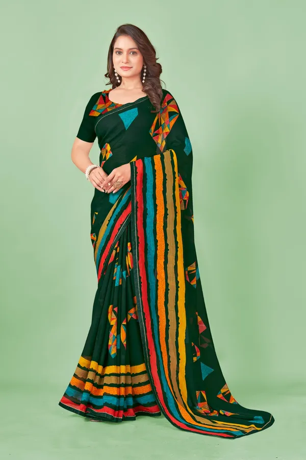Dark_Green_Geometric_Print_Saree_With_Colorful_Border