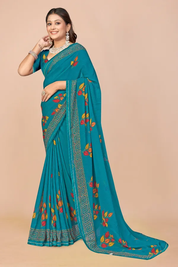 Teal_Blue_Embroidered_Floral_Saree_With_Geometric_Border
