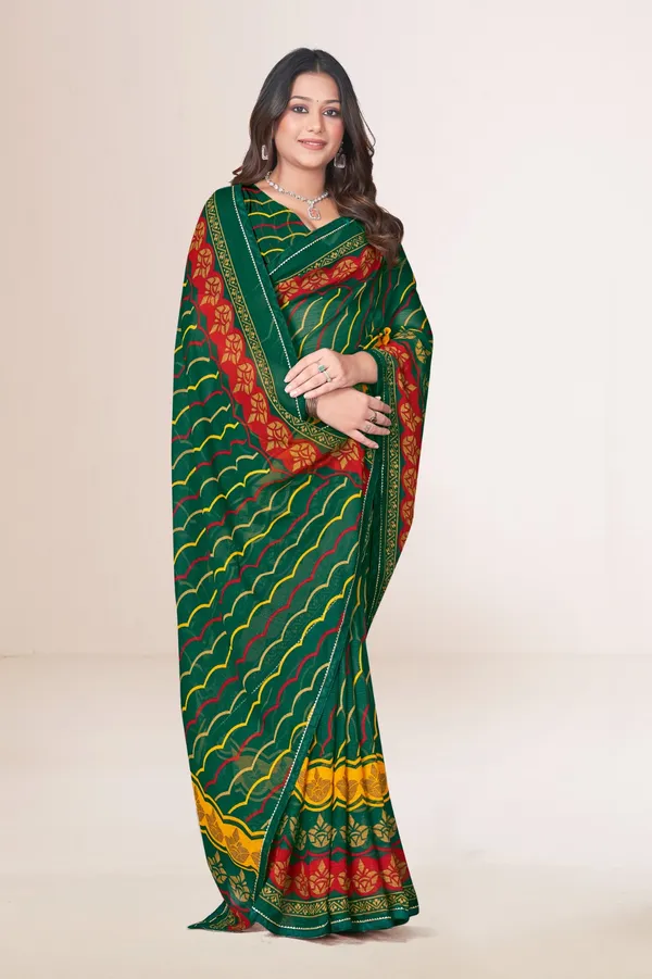 Traditional_Green_Bandhani_Print_Saree_With_Multicolor_Border