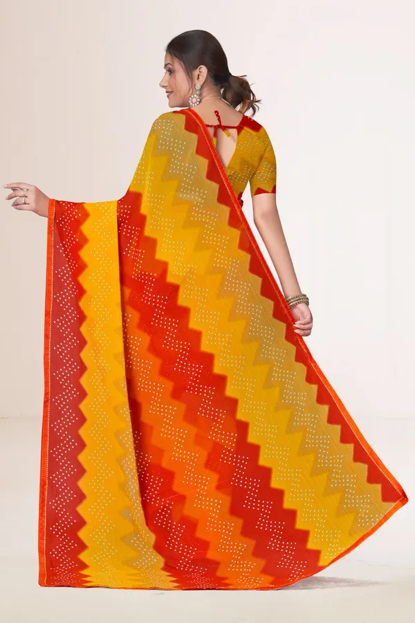 Traditional_Bandhani_Saree_In_Red,_Orange_And_Yellow_With_Golden_Border