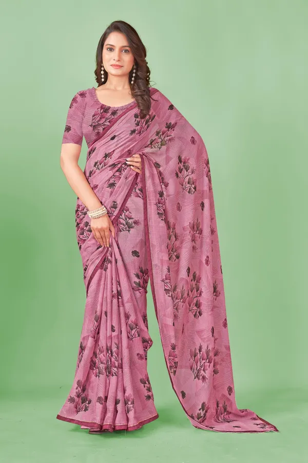 Pink_Floral_Print_Saree_With_Blouse_Piece