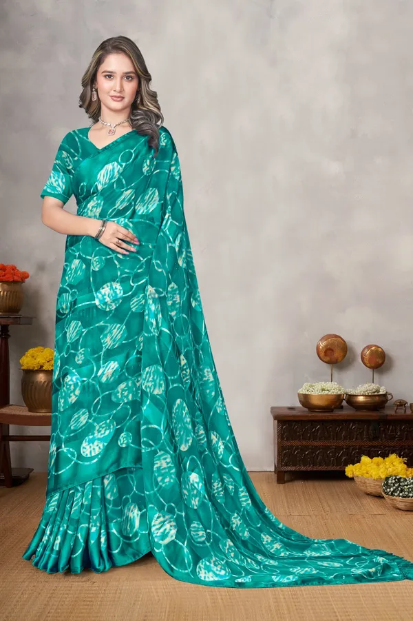 Turquoise_Floral_Print_Saree_With_Blouse_Piece