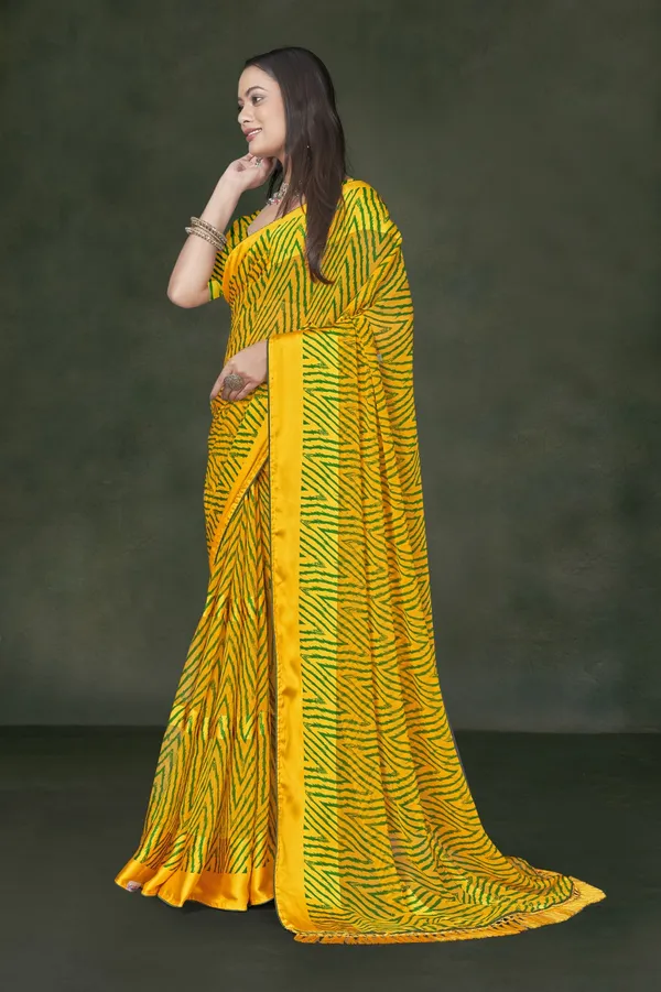 Yellow_And_Green_Bandhani_Print_Georgette_Saree_With_Ruffled_Border