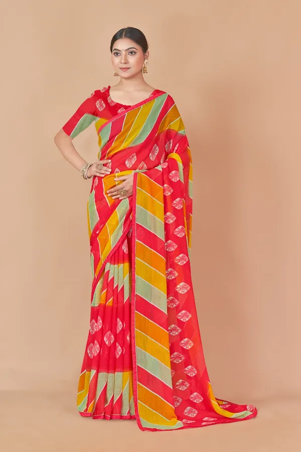 Multicolor_Striped_Leheriya_Print_Saree_With_Contrast_Blouse