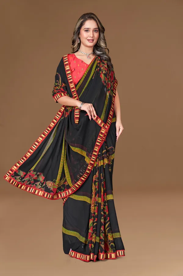 Black_Floral_Print_Saree_With_Red_Blouse_And_Striped_Border