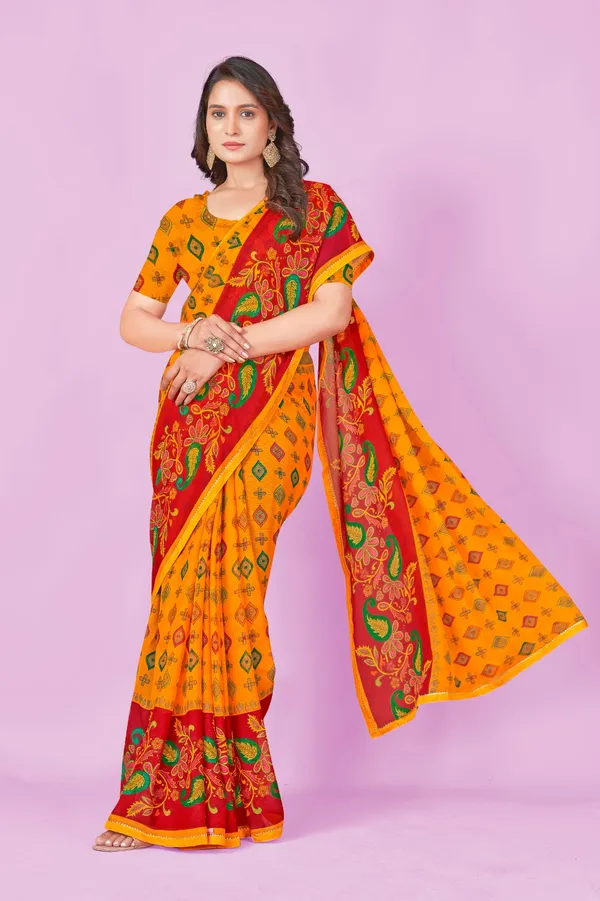 Vibrant_Orange_Bandhani_Print_Saree_With_Red_Floral_Border