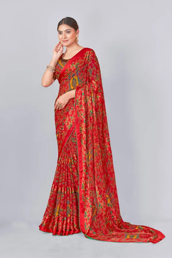 Red_Patola_Print_Saree_With_Green_Border_And_Matching_Blouse