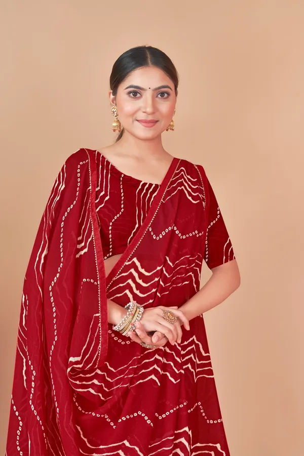 Red_Bandhani_Georgette_Saree_With_Zigzag_Pattern_And_Blouse