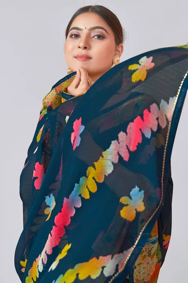 Dark_Teal_Floral_Printed_Georgette_Saree_With_Contrast_Border