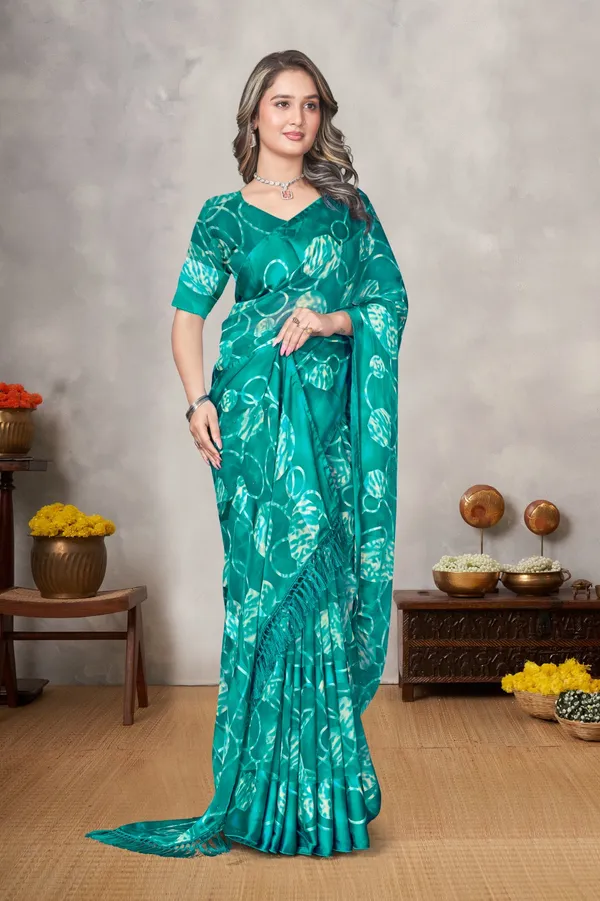 Turquoise_Floral_Print_Saree_With_Blouse_Piece