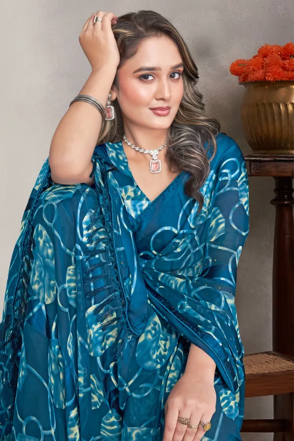 Blue_Floral_Print_Saree_With_Tassels