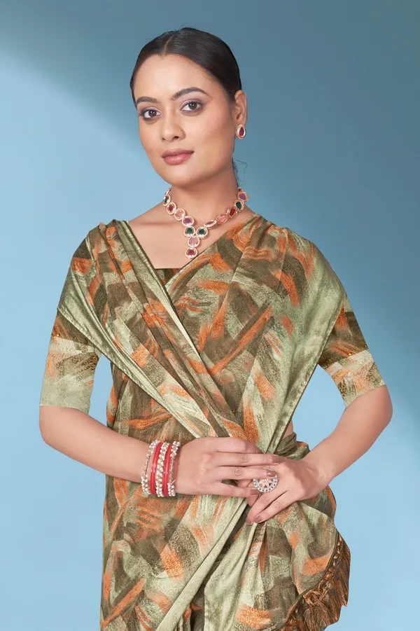 Olive_Green_Abstract_Print_Silk_Saree_With_Matching_Blouse
