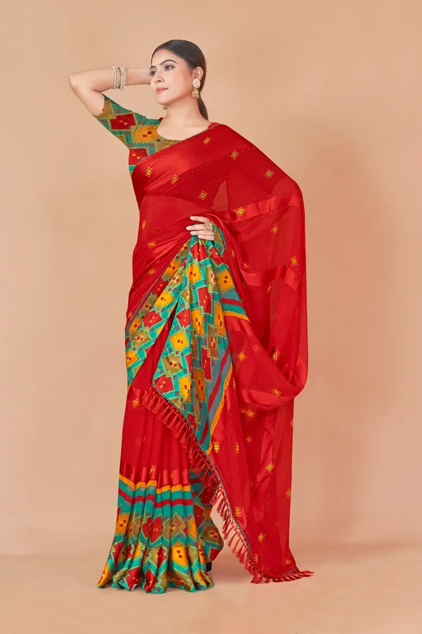 Red_Silk_Saree_With_Multicolor_Phulkari_Border_And_Golden_Butti_Work