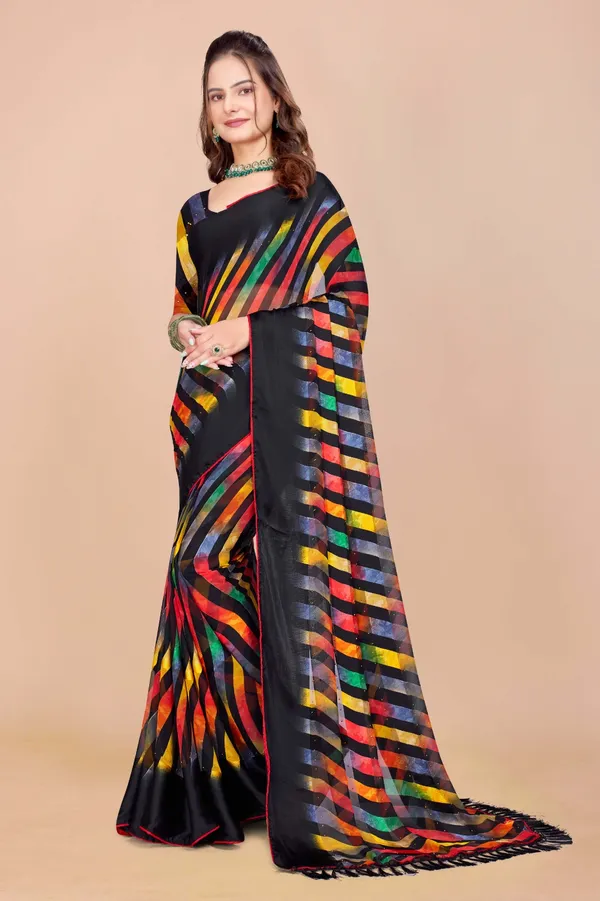 Black_Multicolor_Striped_Satin_Silk_Saree_With_Printed_Border