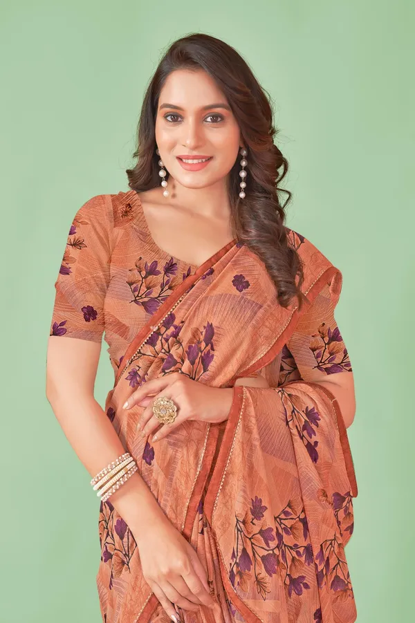 Peach_Floral_Print_Saree_With_Matching_Blouse