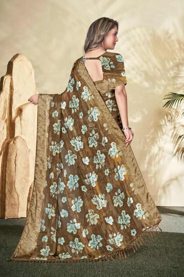 Elegant_Brown_Floral_Embroidered_Organza_Saree_With_Golden_Border